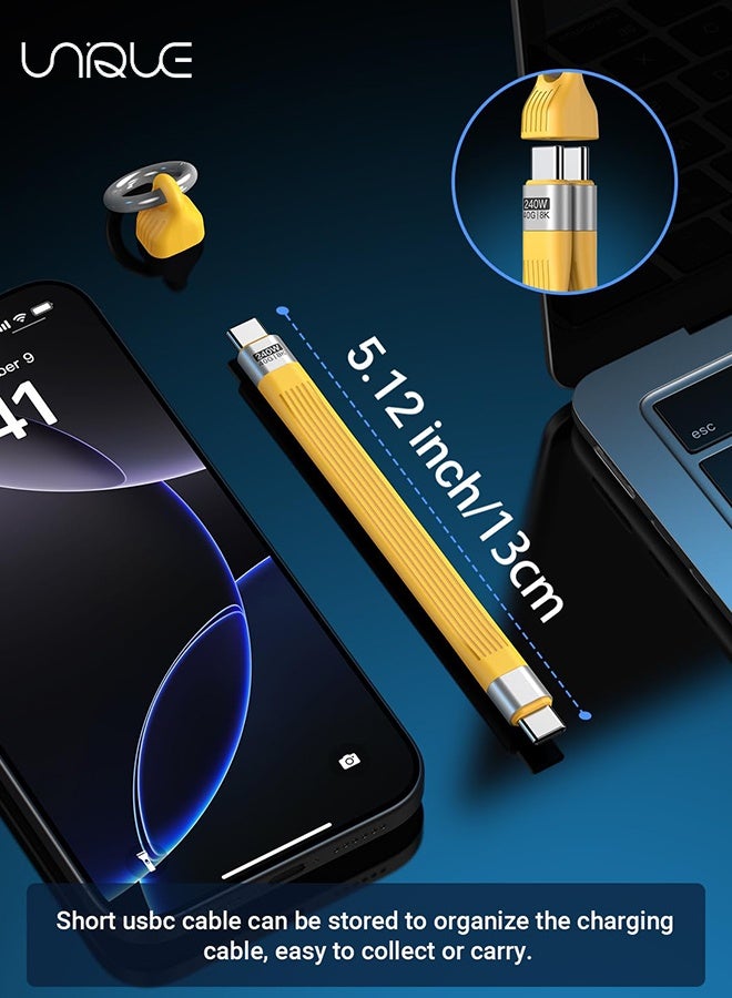 Unique 240W Short USB C Cable/USB 4.0 USB C Short Cable/40Gbps Data Transfer, 8K 60Hz Video Display, for 1Phone16/15, Ma-Book/iPad Series, Samsung Galaxy, Android Auto, VR - Portable Keychain - Yellow - Image 2